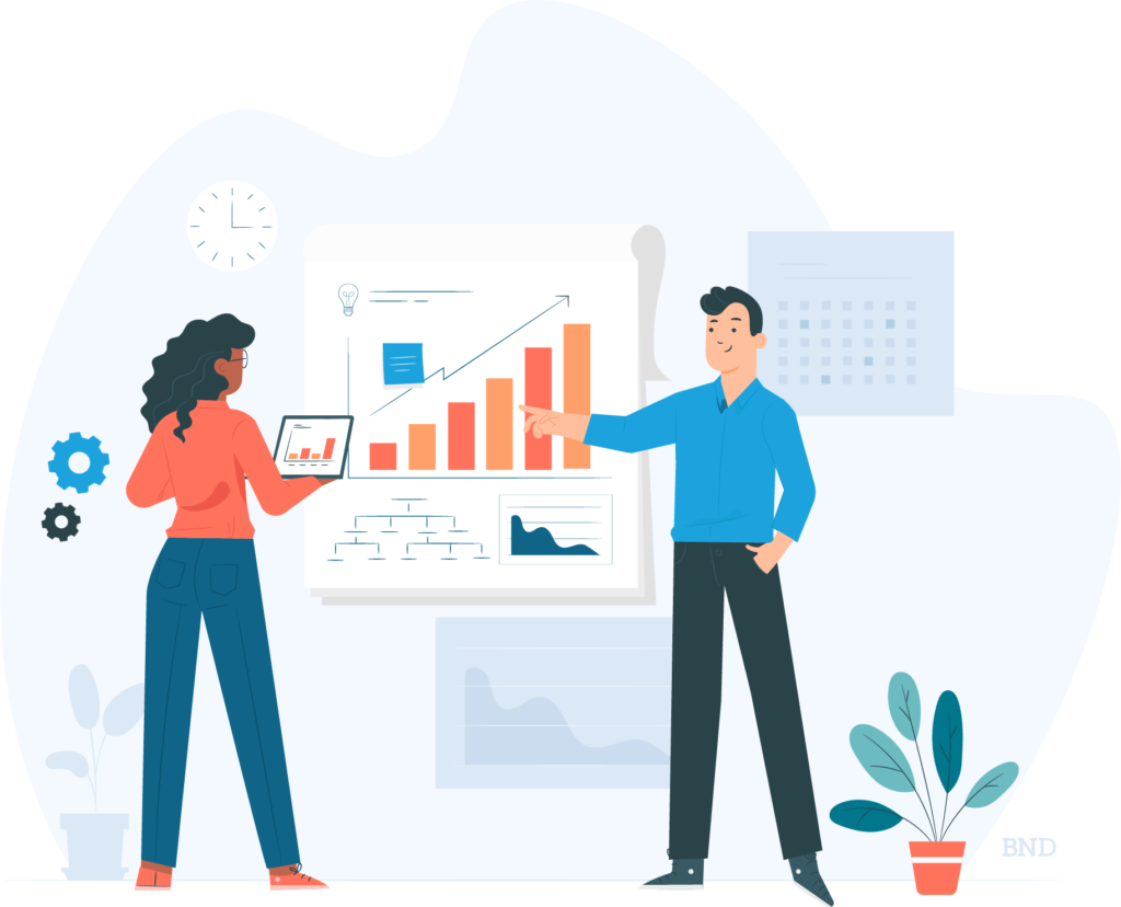 grafica a doua persoane care stau in fata unui grafic