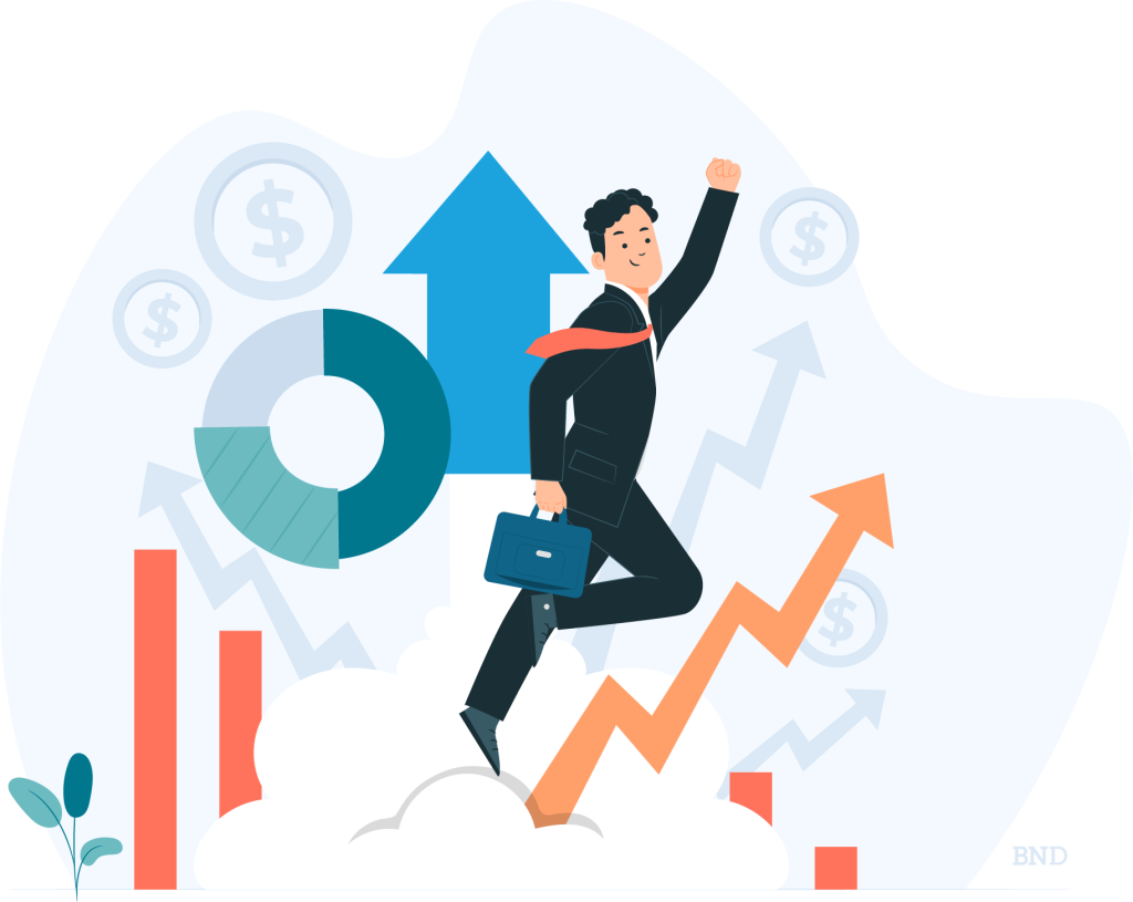 graficul unui om de afaceri intr-un costum care zboara auzi sagetile si graficele