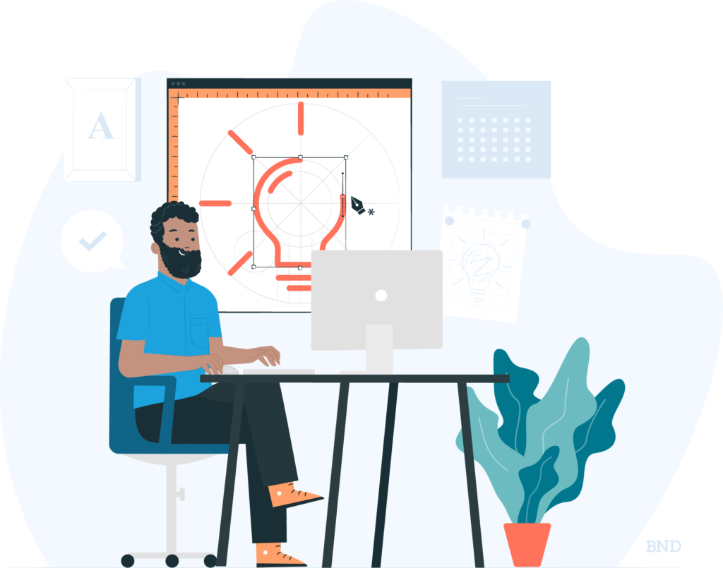 om de afaceri la un computer in fata unei pictograme mari cu bec